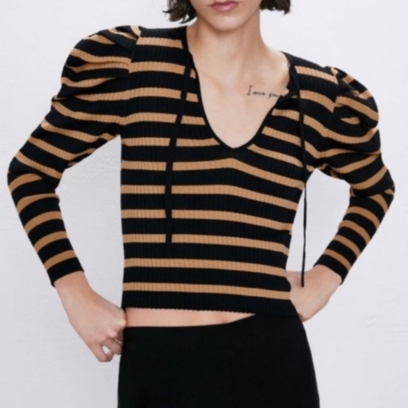 Zara Ballon Sleeved Stripped Sweater - Picture 4 of 5